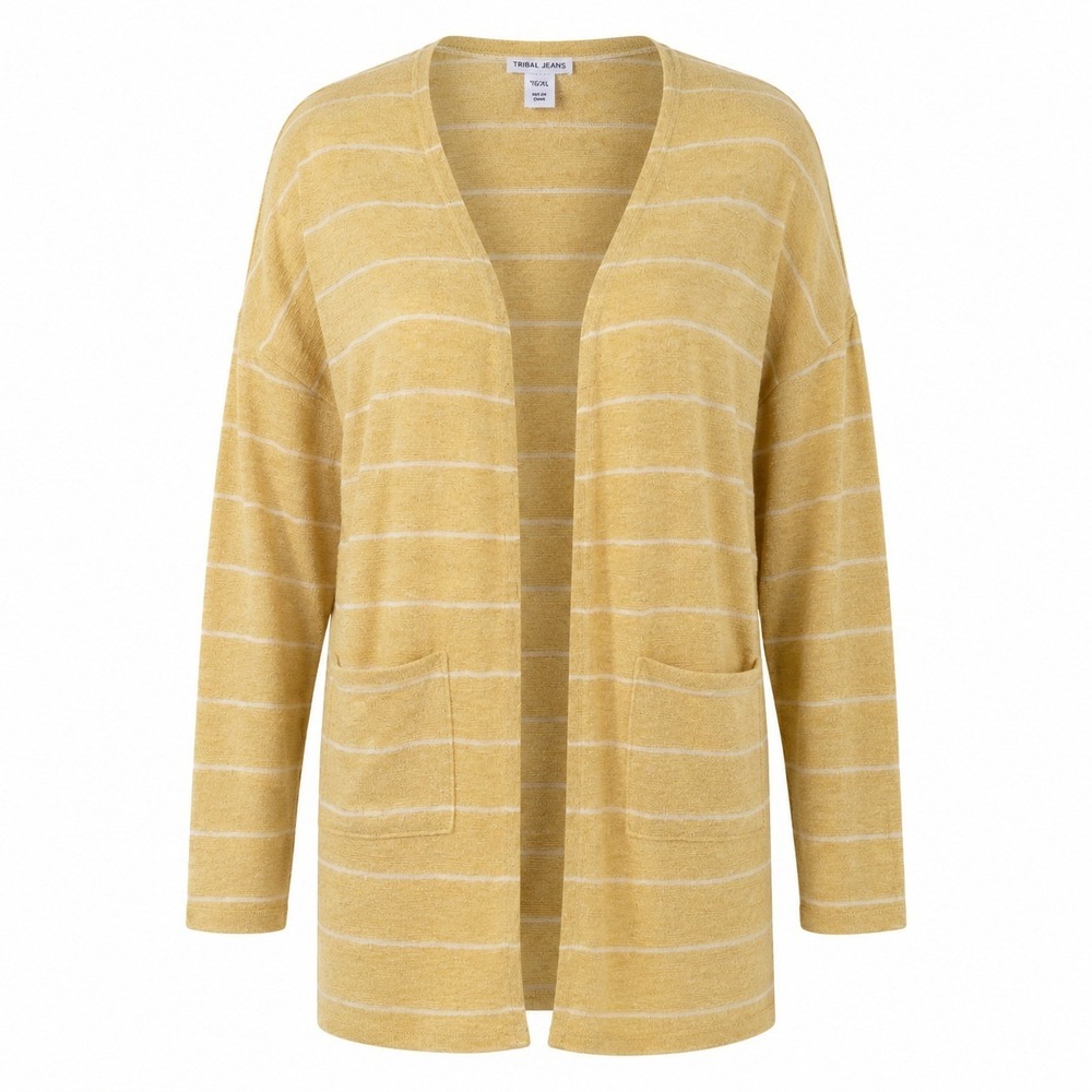 Tribal Jeans Cardigan Women XL Yellow Striped Open Front Knit Pocket 6615O-4399